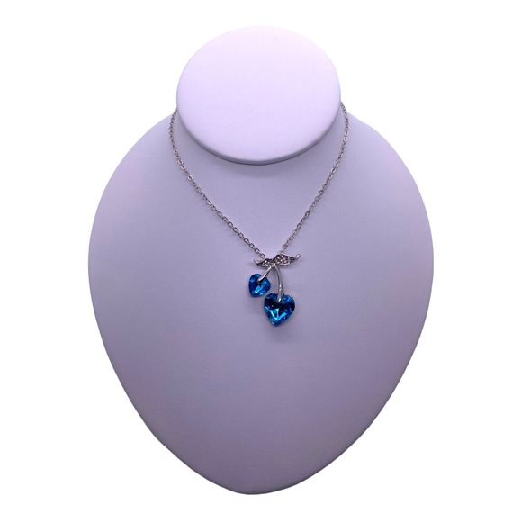 Imitation Blue Topaz Cubic Zirconia CZ Gemstone Cherry Cherries Heart Necklace - Picture 4 of 5